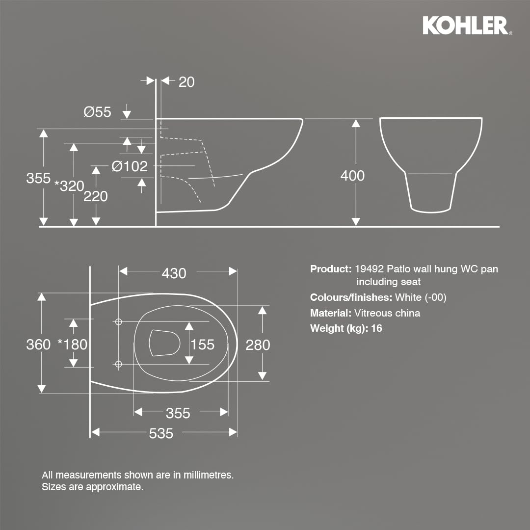 Kohler Patio Wall Mounted Toilet for Bathroom | Ceramic Western Bathroom Commode with Anti-Bacterial Protection | Eco-Flush Technology & Quiet-Close Lid | Fully Glazed, White, 535mm x 361mm - Image 6