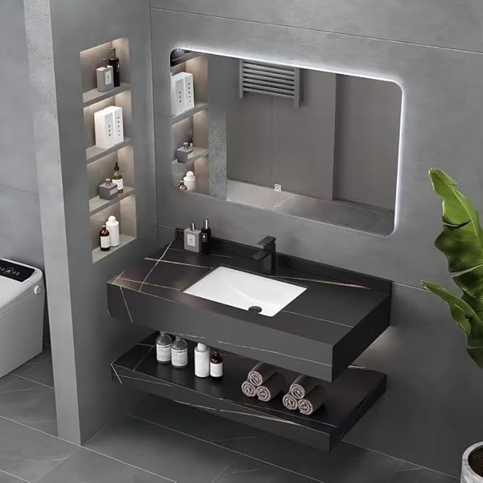 JABON BAGNO Bathroom Vanity Set - Elegant Black Ceramic Heavy Tiles with LED Mirror, 3 Color Light Options, Complete Set, (Black, 60x50cm) (JBV01042A Black New, 60x50cm)