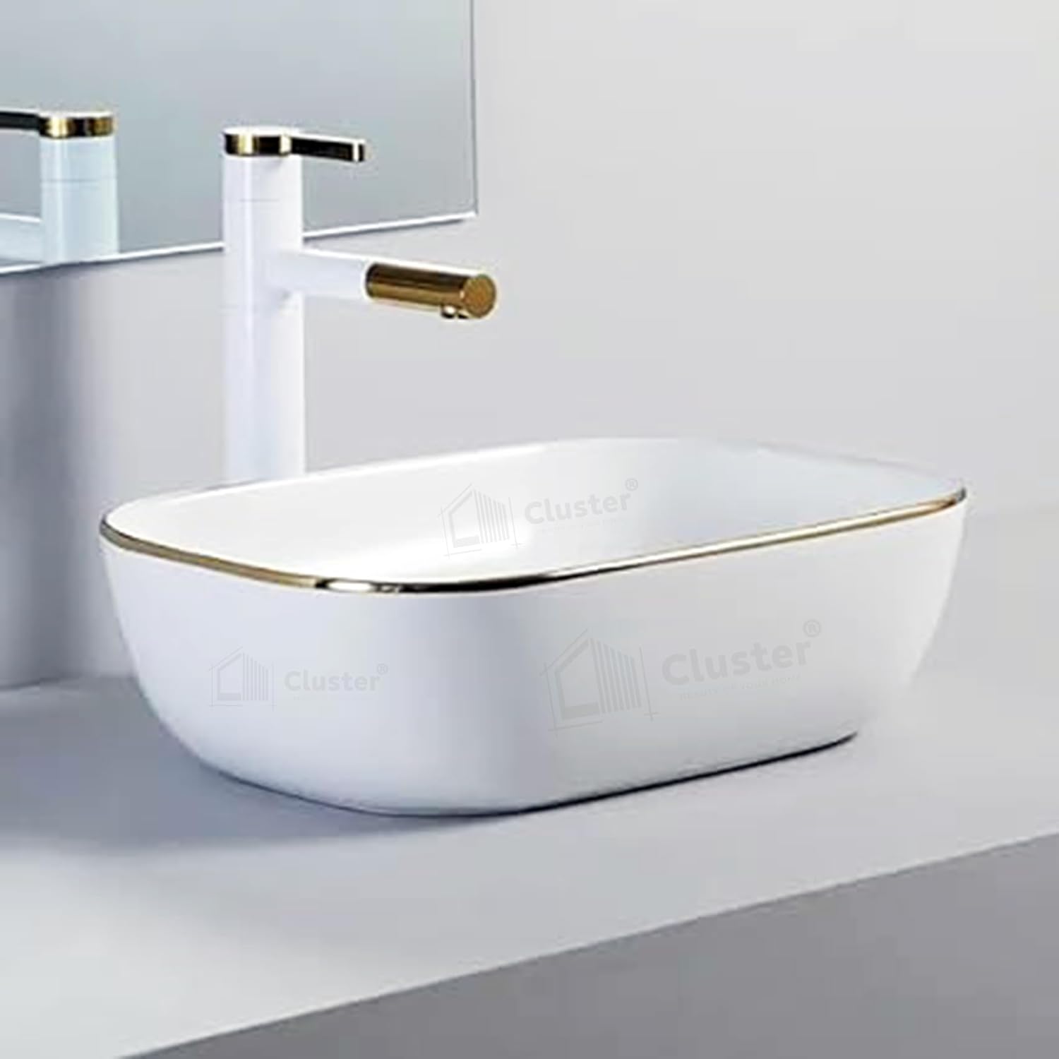 CLUSTER Designer Ceramic Table Top/Counter Top/Wash Basin For Bathroom And Livingroom Decor, White And Golden Border, Rectangular, 455x320x135 MM