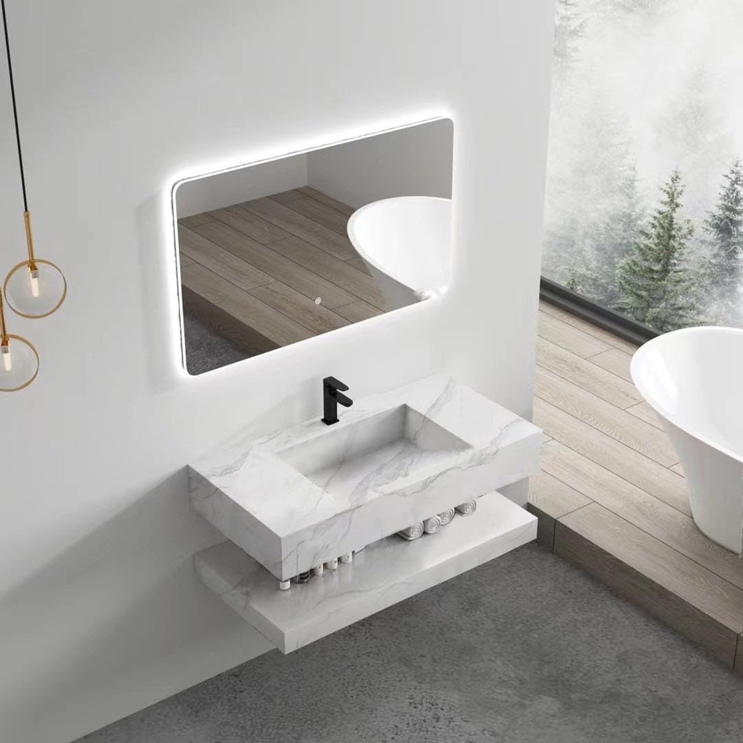 BANZER Bathroom Vanity Set - Elegant White Ceramic Heavy Tiles with LED Mirror, 3 Color Light Options, Complete Set, 80x50cm (White, 80x50cm) - Image 4