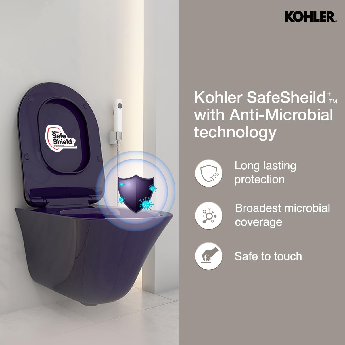 Kohler Vive Wall Mounted Toilet | True Rimless Ceramic Western Bathroom Commode with Advanced Germ Protection | Eco-Flush Technology & Quiet-Close Lid | Fully Glazed, Indigo, 557mm x 346mm - Image 4
