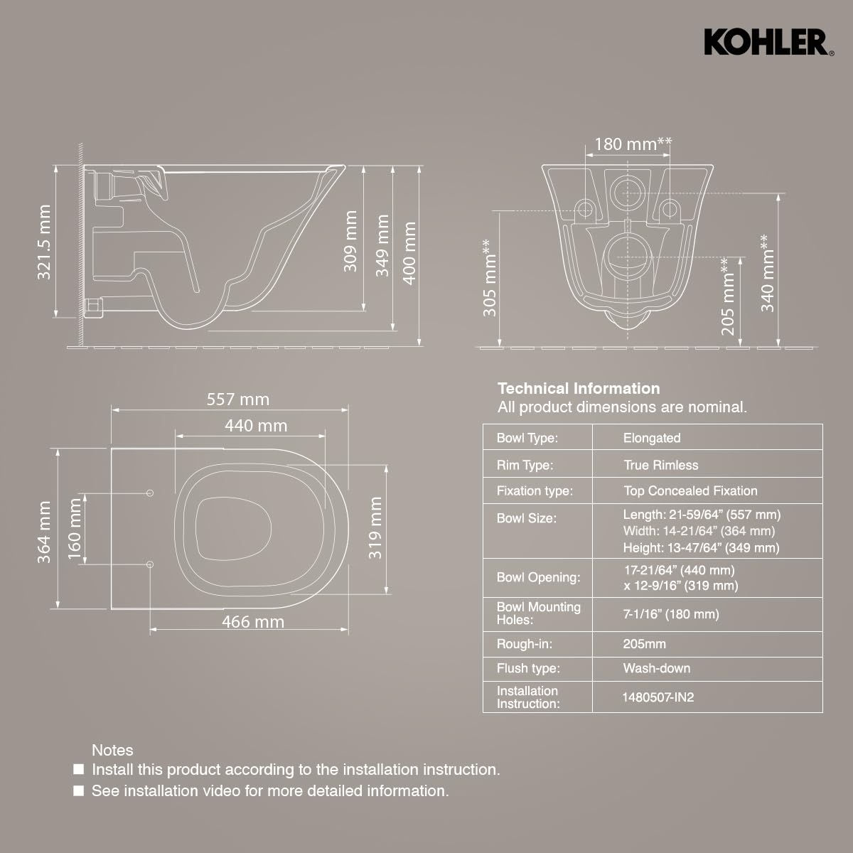Kohler Vive Wall Mounted Toilet | True Rimless Ceramic Western Bathroom Commode with Advanced Germ Protection | Eco-Flush Technology & Quiet-Close Lid | Fully Glazed, Indigo, 557mm x 346mm - Image 2