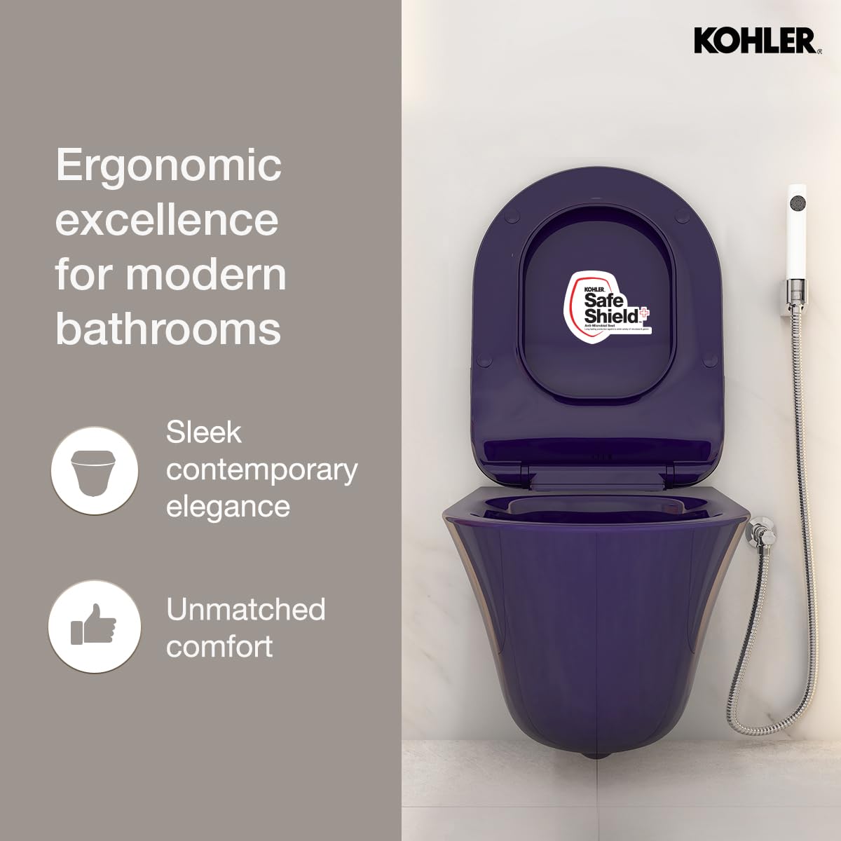 Kohler Vive Wall Mounted Toilet | True Rimless Ceramic Western Bathroom Commode with Advanced Germ Protection | Eco-Flush Technology & Quiet-Close Lid | Fully Glazed, Indigo, 557mm x 346mm - Image 5