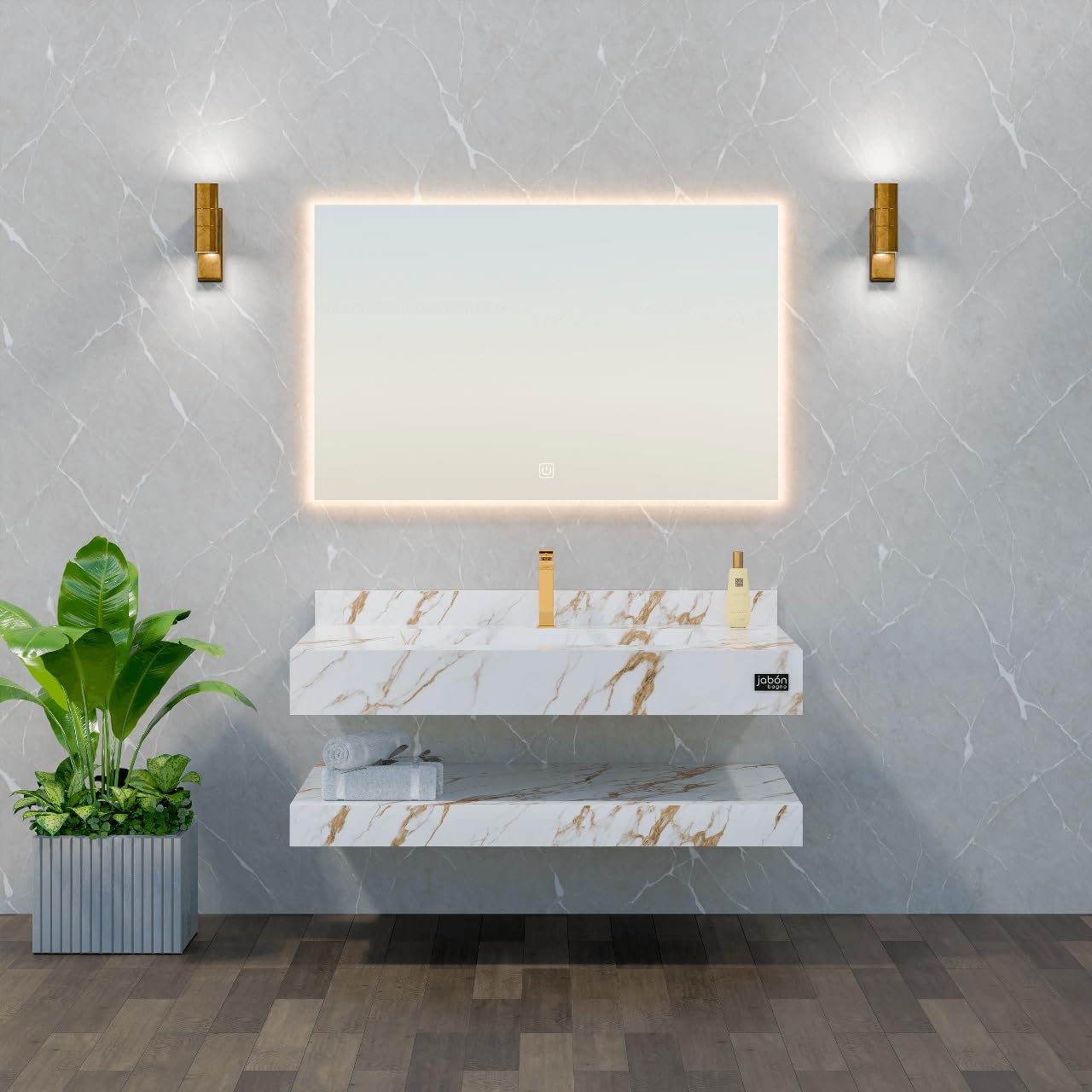 BANZER Bathroom Vanity Set - Elegant White Ceramic Heavy Tiles with LED Mirror, 3 Color Light Options, Complete Set, 80x50cm (White, 80x50cm) - Image 3
