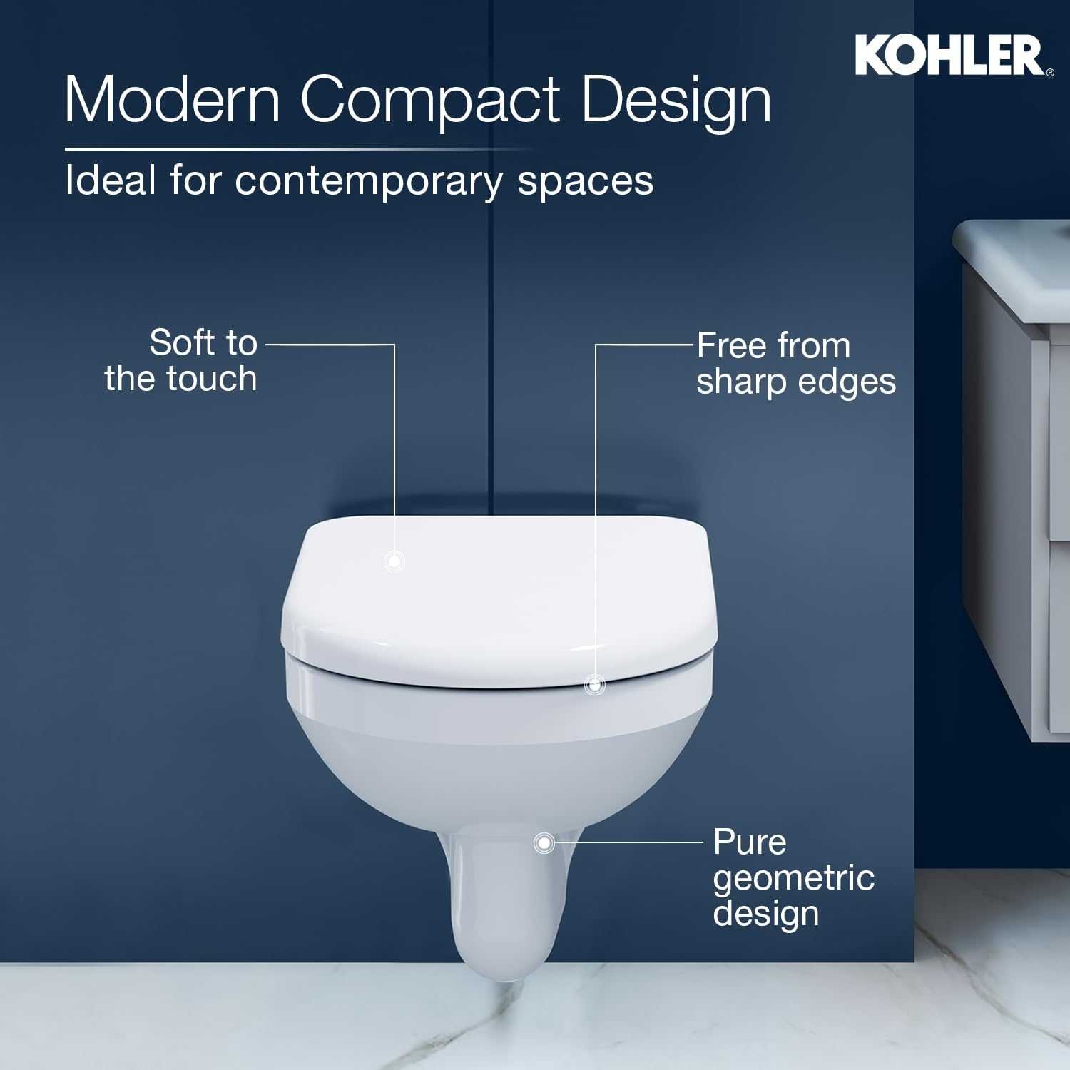 Kohler Span Round Wall Mounted Toilet | Ceramic Western Bathroom Commode with Anti-Bacterial Protection | Eco-Flush Technology & Quiet-Close Lid | Fully Glazed, White, 540mm x 365mm - Image 2