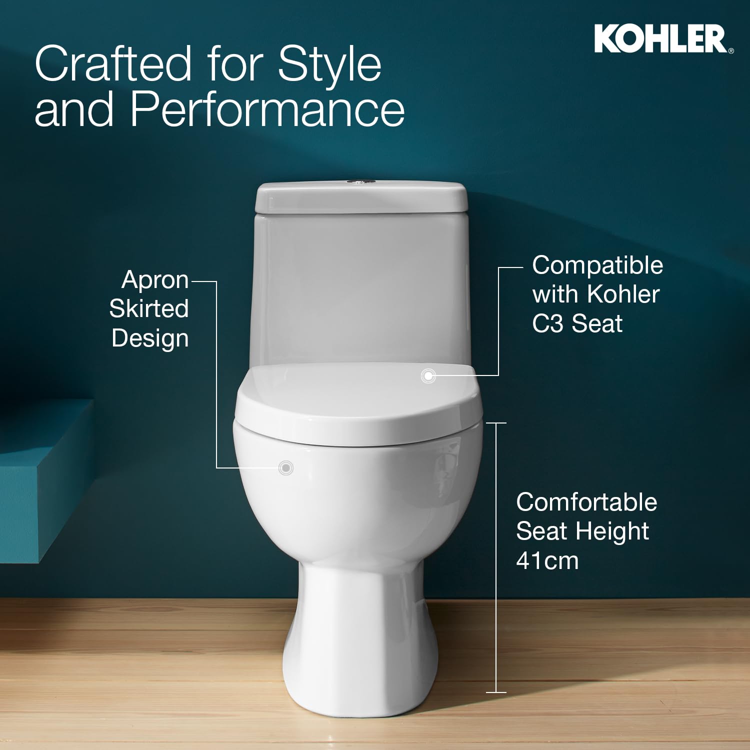 Kohler Reach One-Piece Floor Mounted Toilet | Ceramic Western Bathroom Commode with Anti-Bacterial Protection | Class 5 Flush Technology & Quiet-Close Lid | Fully Glazed, White, 540mm x 371mm - Image 2