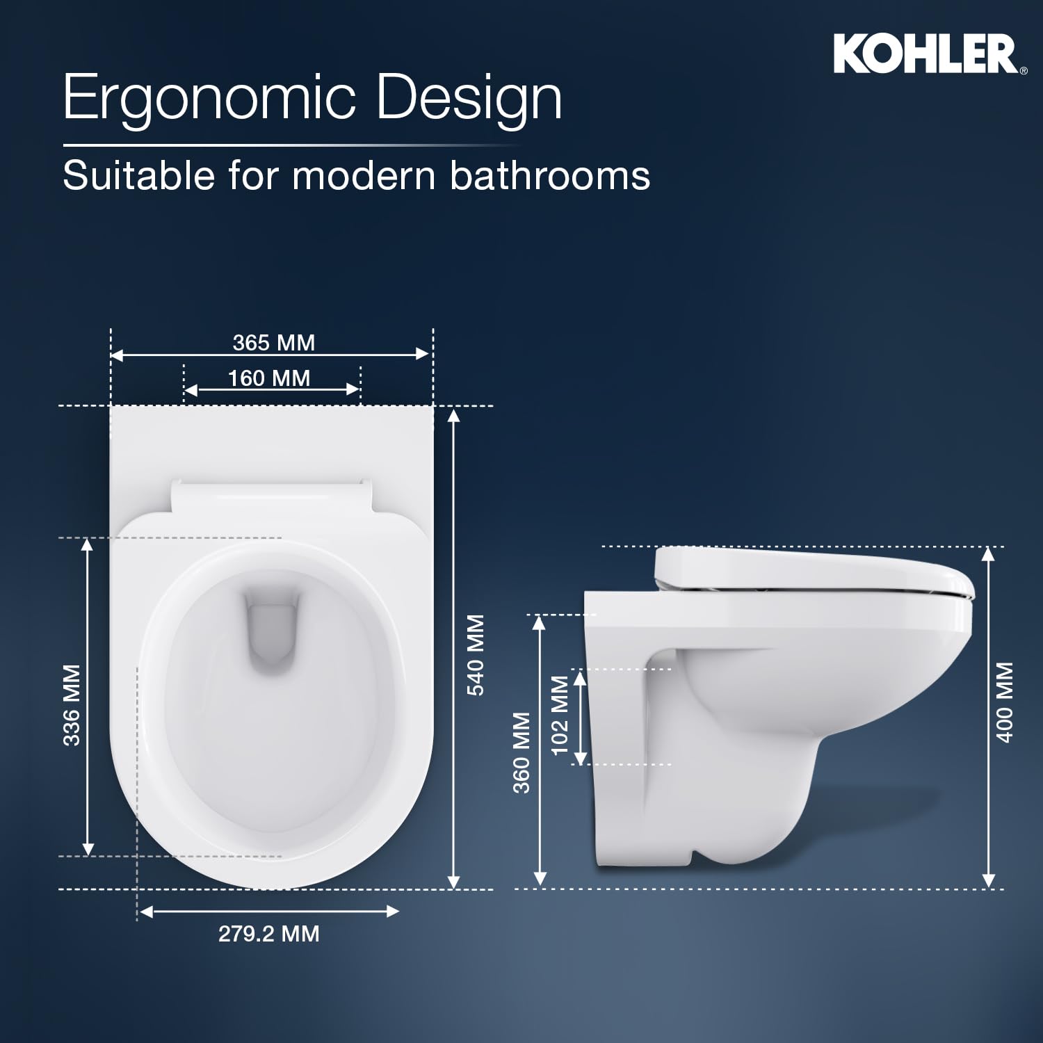 Kohler Span Round Wall Mounted Toilet | Ceramic Western Bathroom Commode with Anti-Bacterial Protection | Eco-Flush Technology & Quiet-Close Lid | Fully Glazed, White, 540mm x 365mm - Image 3