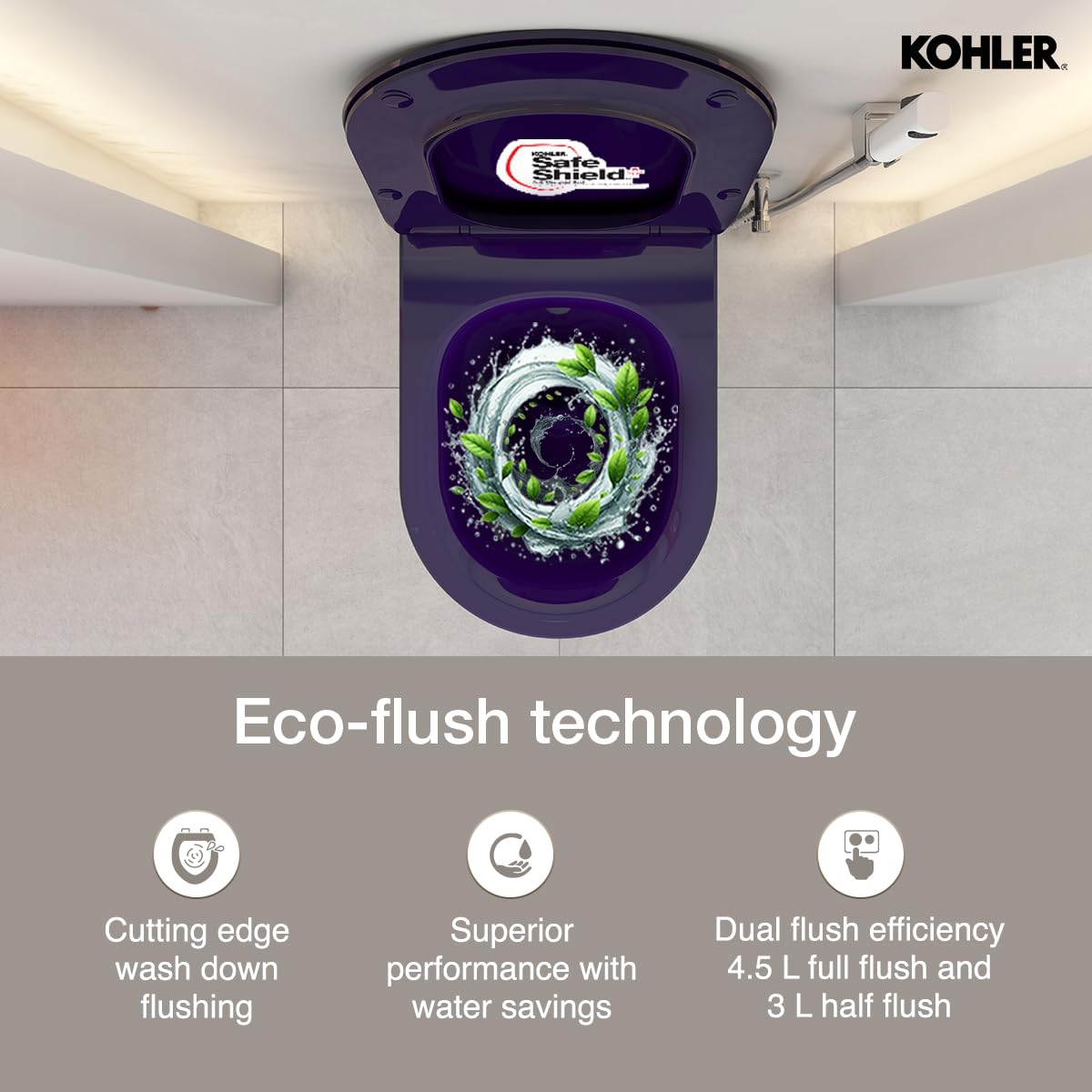 Kohler Vive Wall Mounted Toilet | True Rimless Ceramic Western Bathroom Commode with Advanced Germ Protection | Eco-Flush Technology & Quiet-Close Lid | Fully Glazed, Indigo, 557mm x 346mm - Image 7