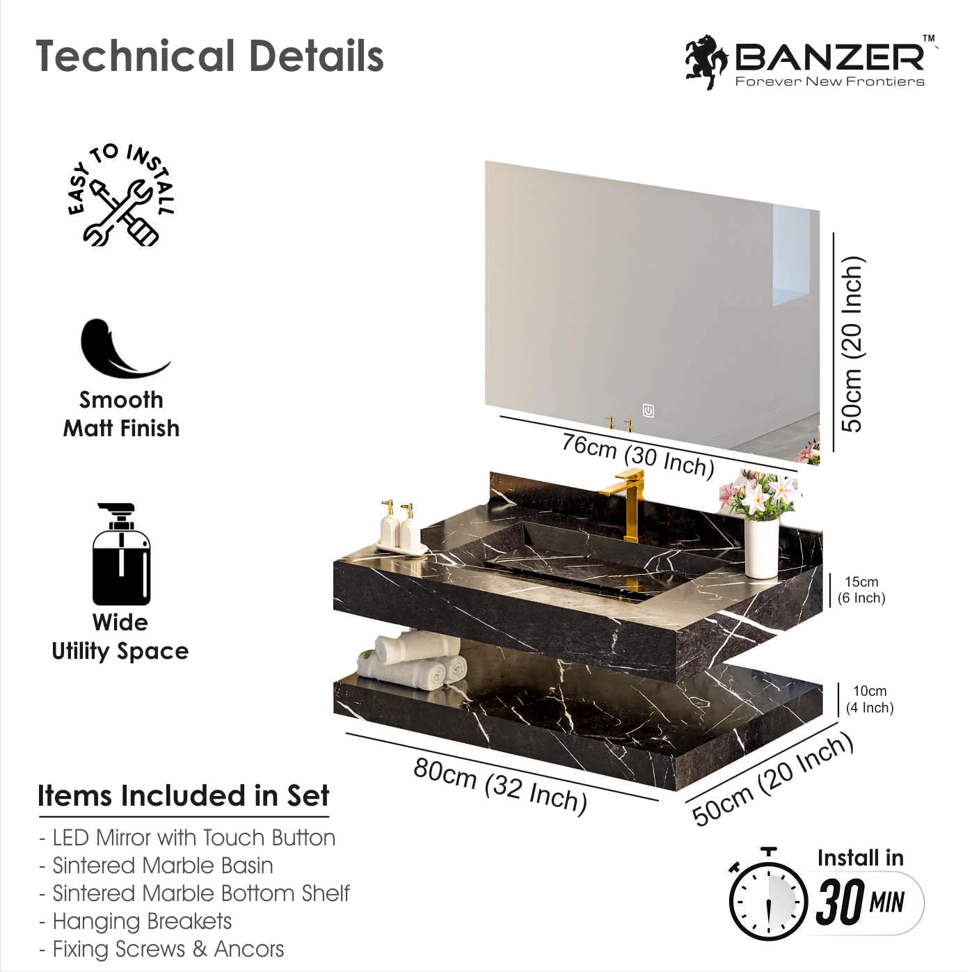BANZER Bathroom Vanity Set - Elegant White Ceramic Heavy Tiles with LED Mirror, 3 Color Light Options, Complete Set, 80x50cm (White, 80x50cm) - Image 5