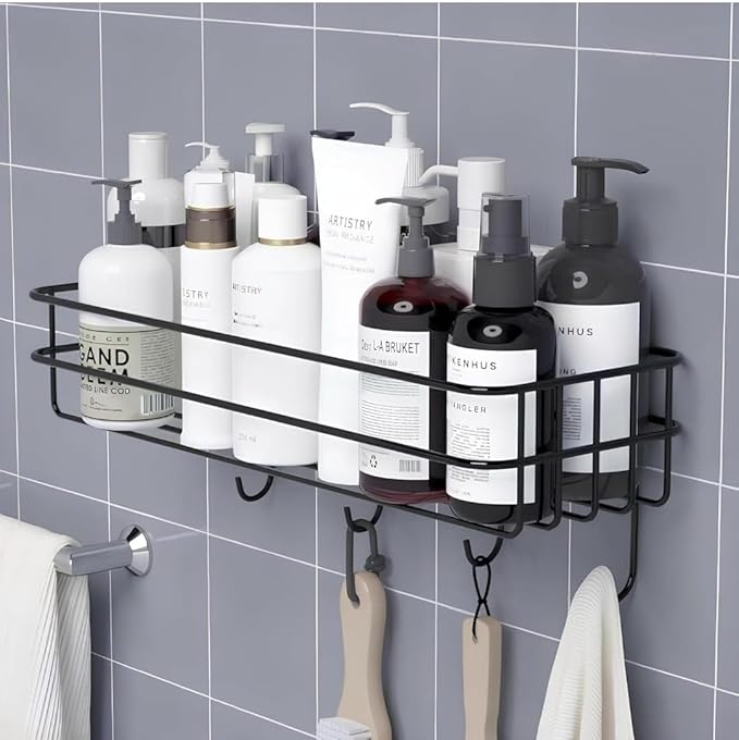 SMTG Self-Adhesive Bathroom Shelf with Hooks - Space-Saving Wall Mounted Shelf for Bathroom Essentials - Durable, No-Drill Required - Sleek Design. (Pack of 1)