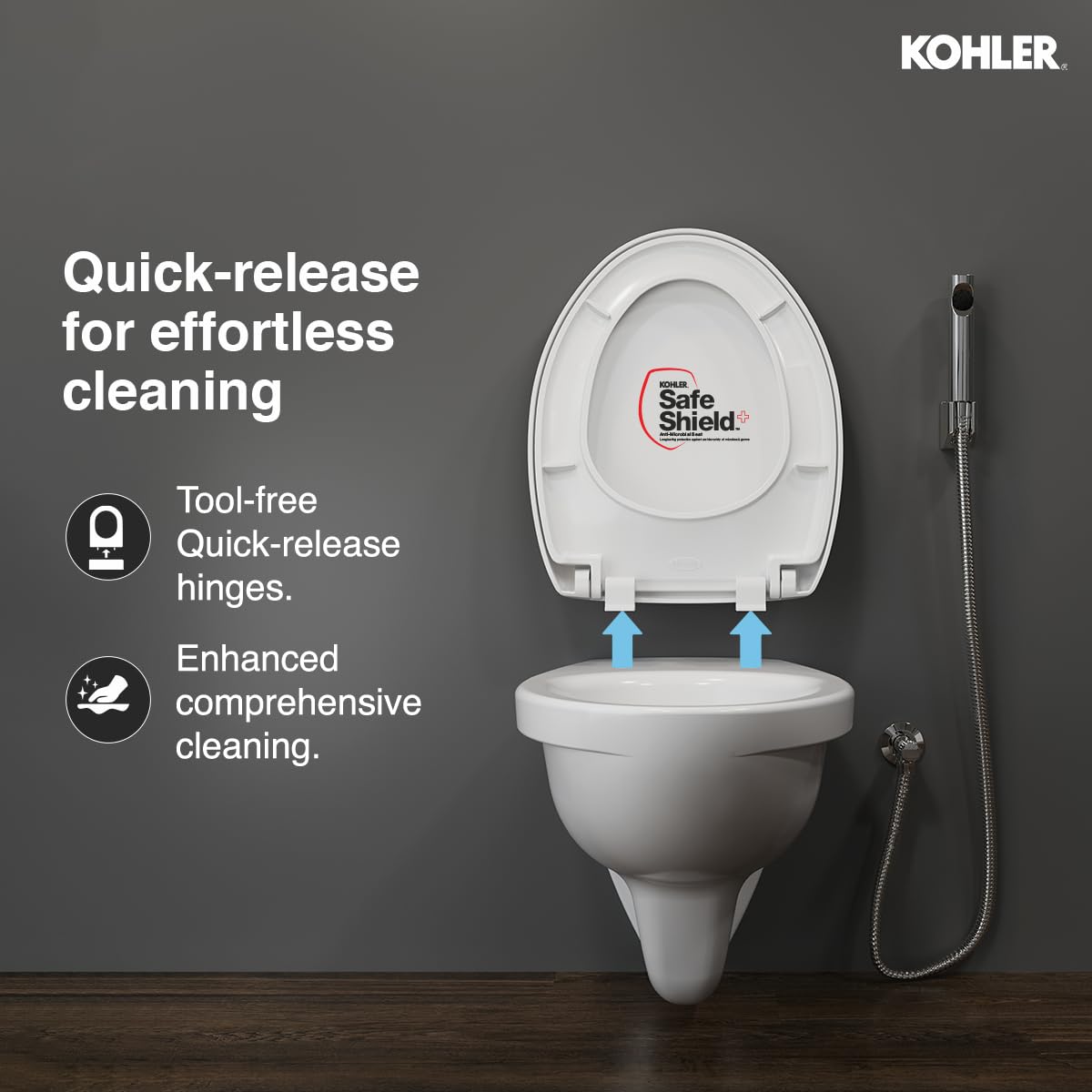 Kohler Patio Wall Mounted Toilet for Bathroom | Ceramic Western Bathroom Commode with Anti-Bacterial Protection | Eco-Flush Technology & Quiet-Close Lid | Fully Glazed, White, 535mm x 361mm - Image 7