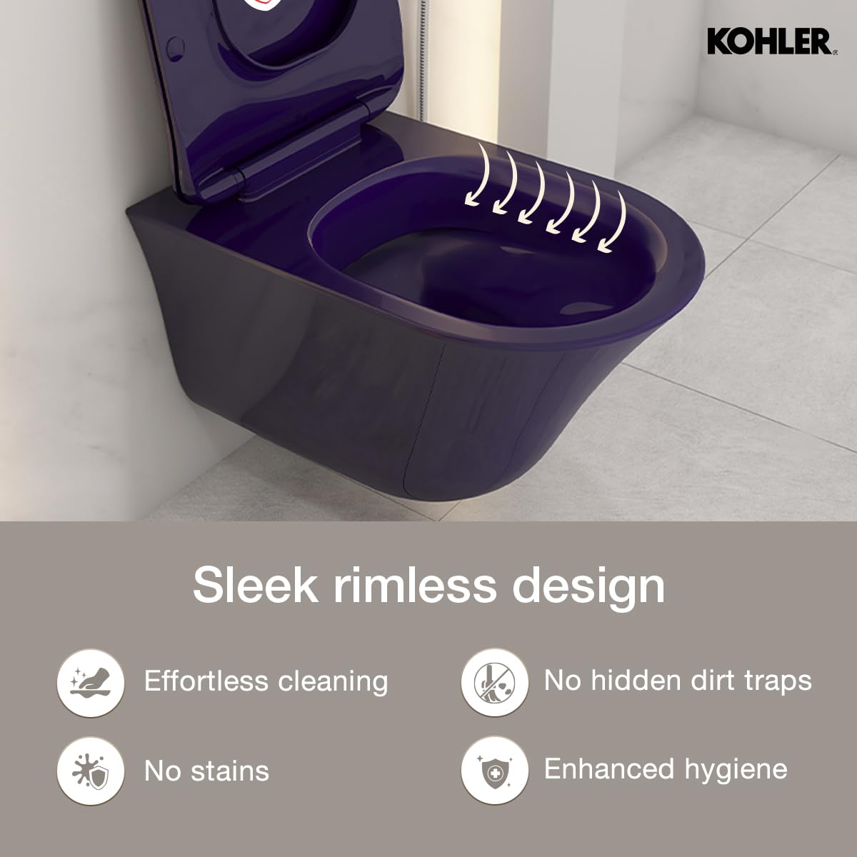 Kohler Vive Wall Mounted Toilet | True Rimless Ceramic Western Bathroom Commode with Advanced Germ Protection | Eco-Flush Technology & Quiet-Close Lid | Fully Glazed, Indigo, 557mm x 346mm - Image 6