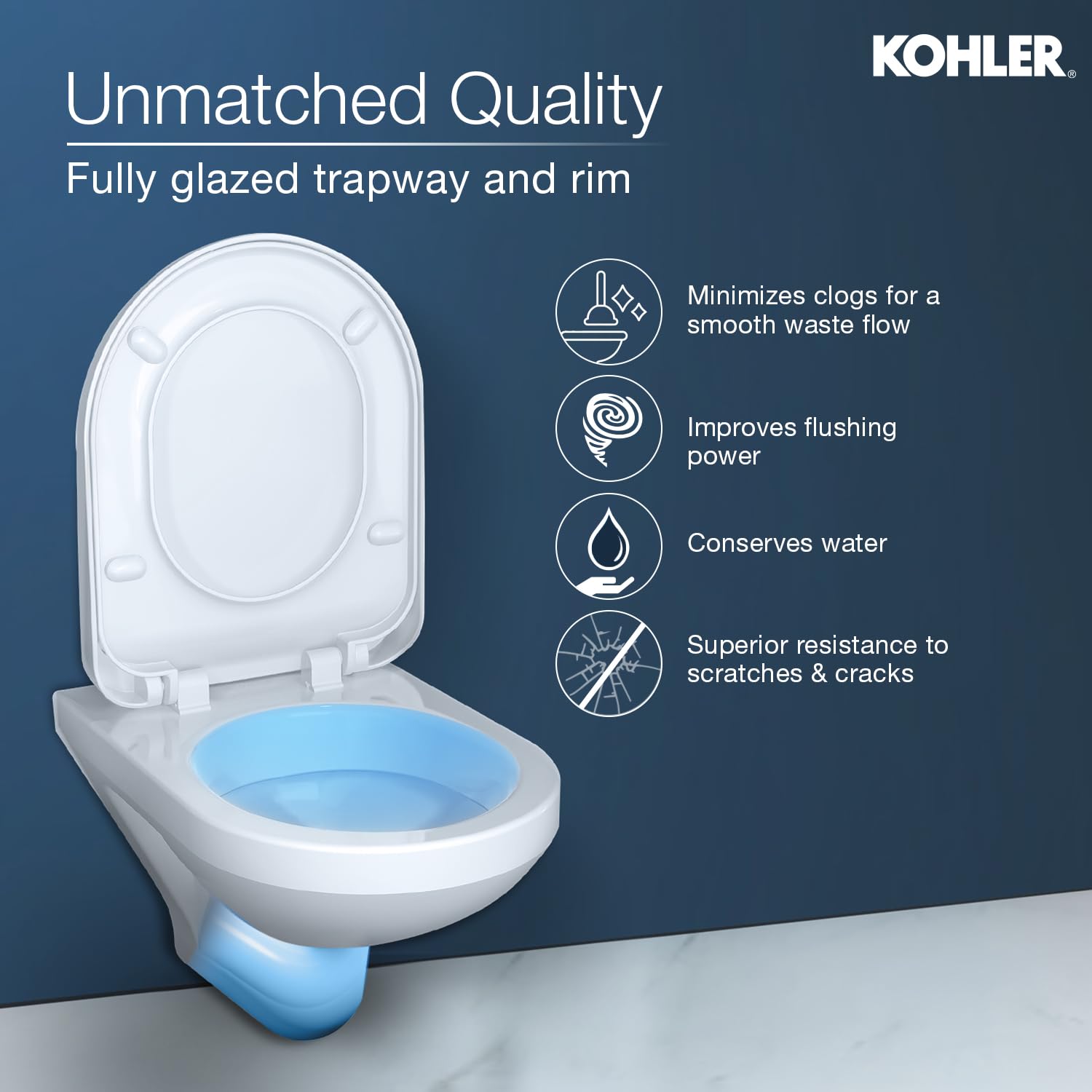 Kohler Span Round Wall Mounted Toilet | Ceramic Western Bathroom Commode with Anti-Bacterial Protection | Eco-Flush Technology & Quiet-Close Lid | Fully Glazed, White, 540mm x 365mm - Image 5