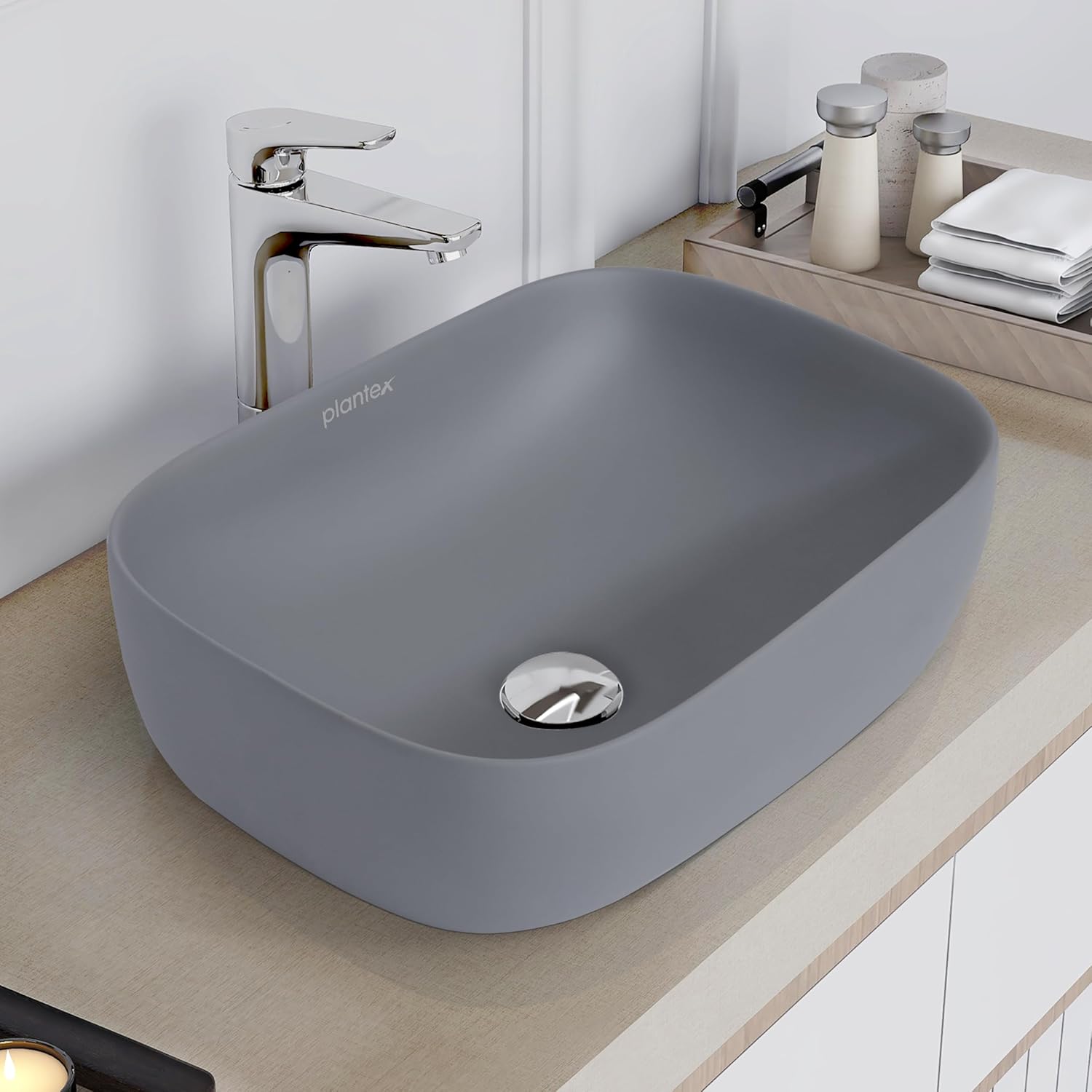 Plantex Ceramic Tabletop Washbasin/Bathroom Basin Sink/Basin for Bathroom/Wash Basin for Restaurant, Hotel (Matt Grey - 18 x 13 x 5 Inch)