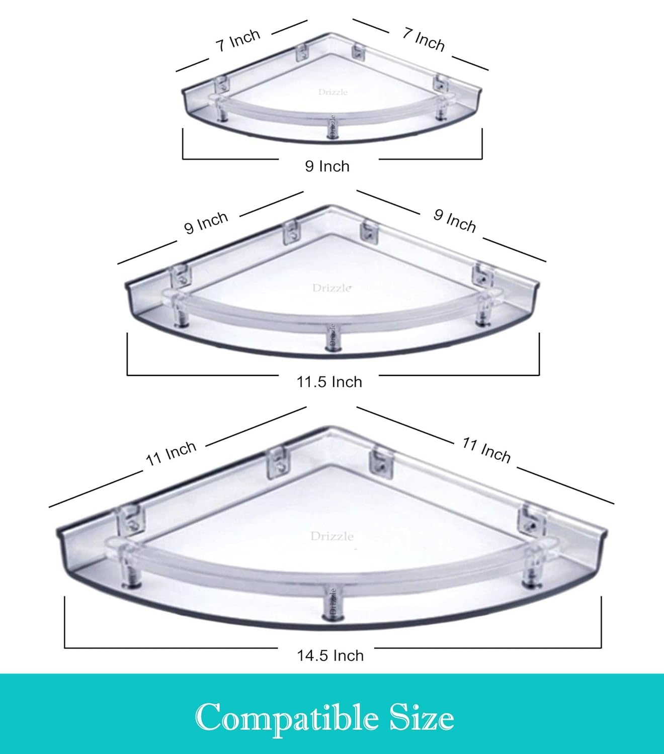 DRIZZLE Corner Shelf Super Clear | Unbreakable Transparent Bathroom Shelves | Multipurpose Use (Size 7 inch, 9 inch, 11 inch) - Set of 1 (3 Pieces) - Image 5