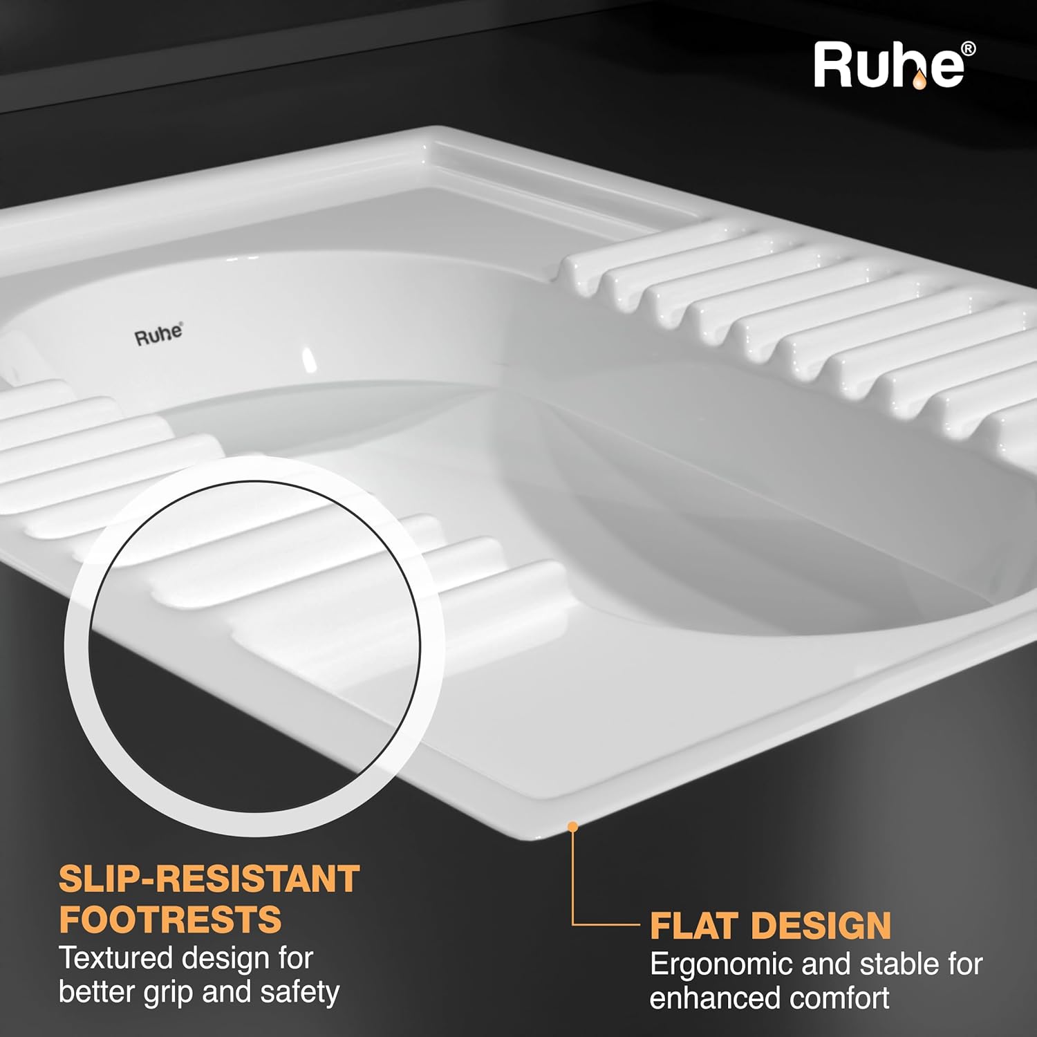 Ruhe® Orrisa Pan Indian Toilet | Premium Ceramic Squat Pan | Durable, Crack-Resistant Toilet Seat | Water-Efficient Flush, Slip-Resistant Footrest, Easy to Clean Eastern Toilet | 23 x 18 x 12 Inches - Image 7