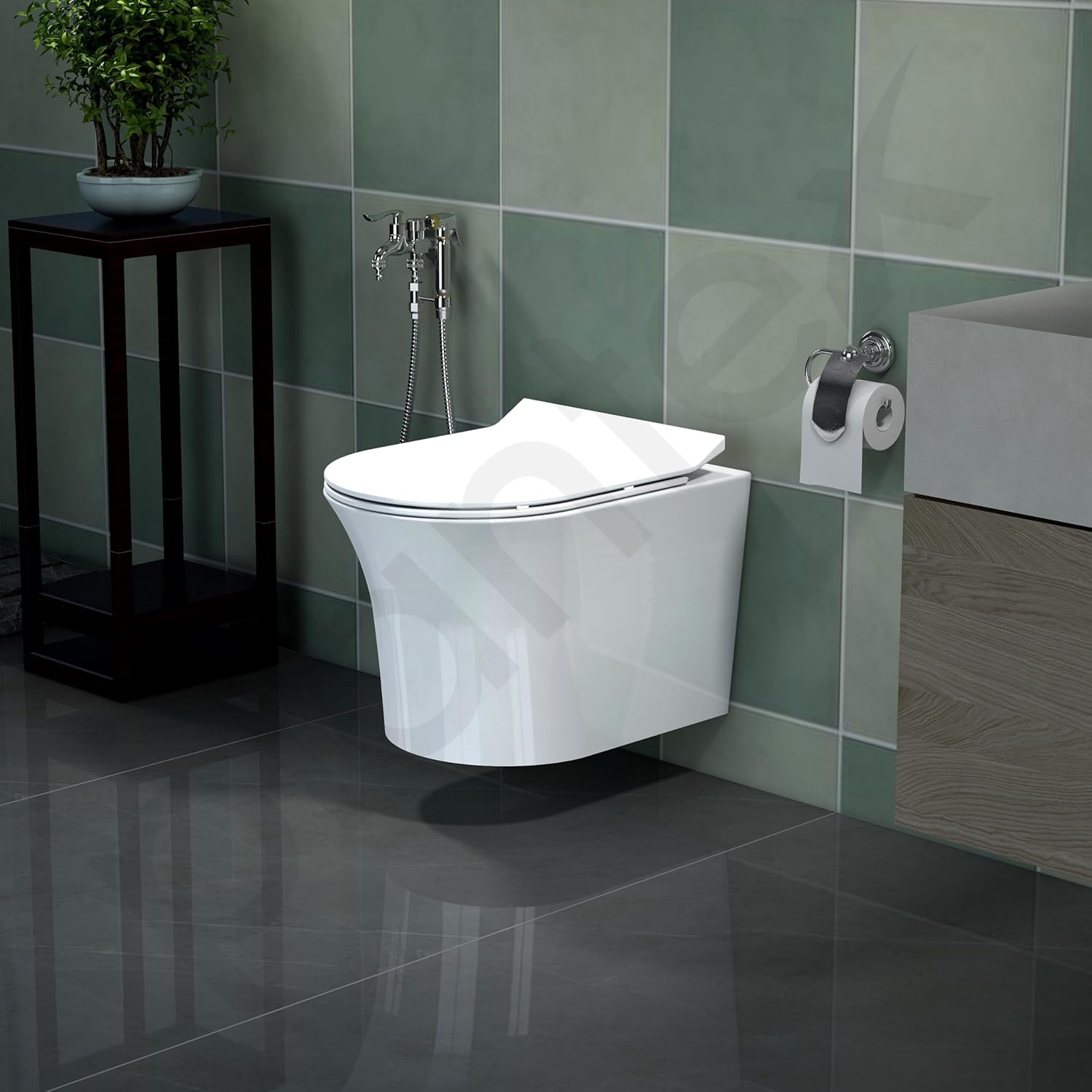 Plantex Platinum Ceramic Rimless Wall Mounted Commode/P Trap Washdown Flush Commode with Soft Close Toilet Seat Cover (White) - Image 6