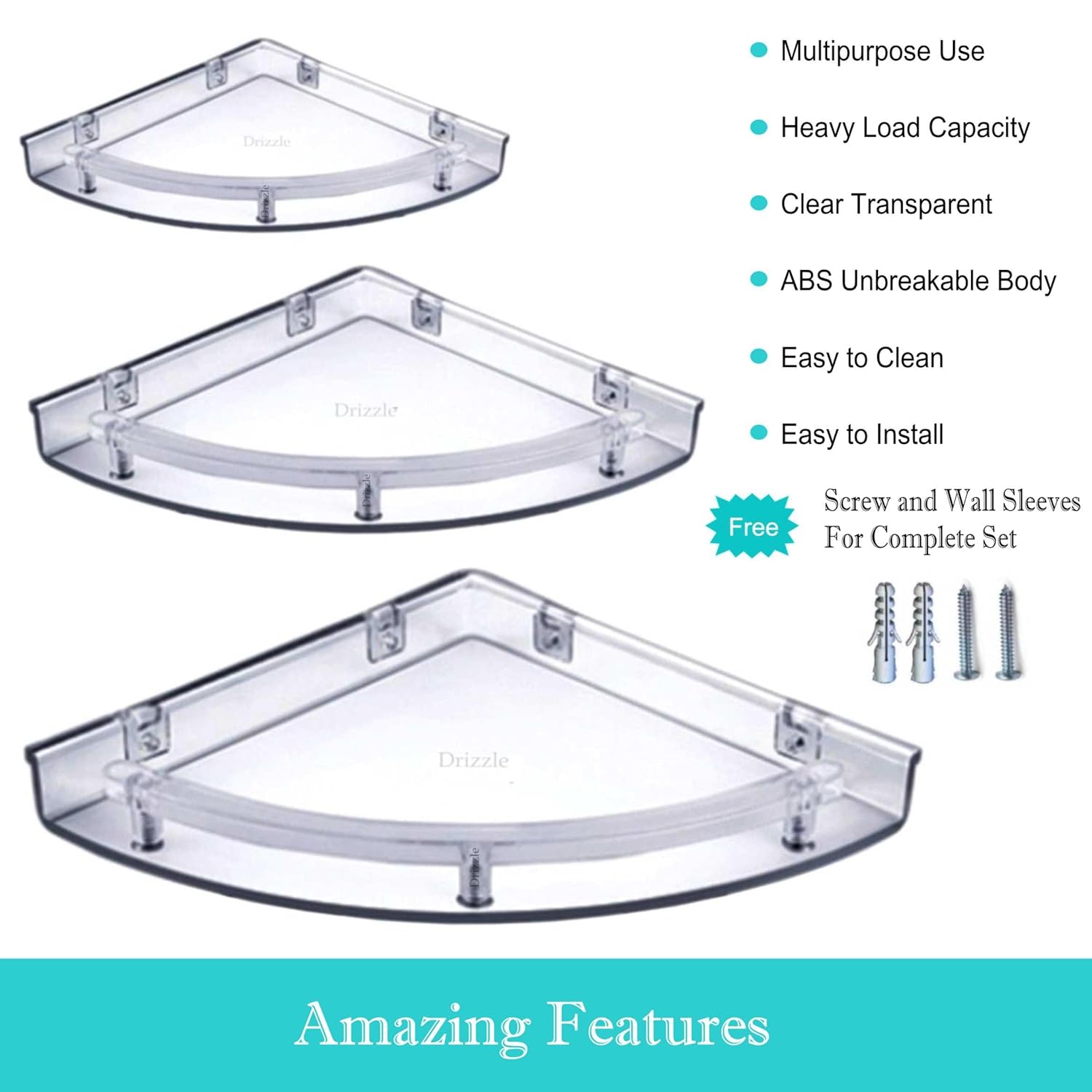 DRIZZLE Corner Shelf Super Clear | Unbreakable Transparent Bathroom Shelves | Multipurpose Use (Size 7 inch, 9 inch, 11 inch) - Set of 1 (3 Pieces) - Image 6