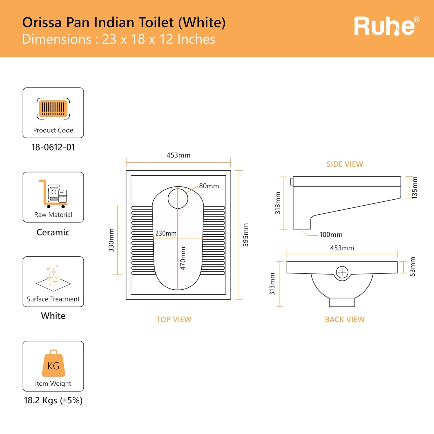 Ruhe® Orrisa Pan Indian Toilet | Premium Ceramic Squat Pan | Durable, Crack-Resistant Toilet Seat | Water-Efficient Flush, Slip-Resistant Footrest, Easy to Clean Eastern Toilet | 23 x 18 x 12 Inches - Image 3