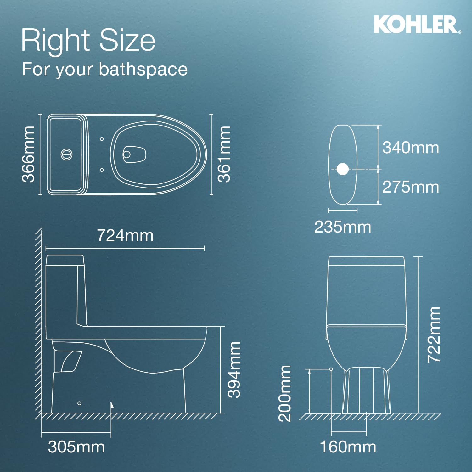 Kohler Reach One-Piece Floor Mounted Toilet | Ceramic Western Bathroom Commode with Anti-Bacterial Protection | Class 5 Flush Technology & Quiet-Close Lid | Fully Glazed, White, 540mm x 371mm - Image 6