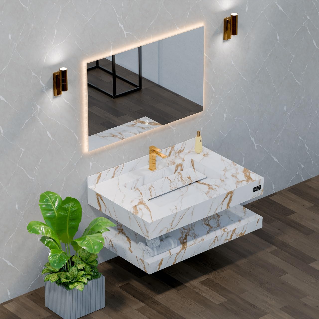 BANZER Bathroom Vanity Set - Elegant White Ceramic Heavy Tiles with LED Mirror, 3 Color Light Options, Complete Set, 80x50cm (White, 80x50cm) - Image 2