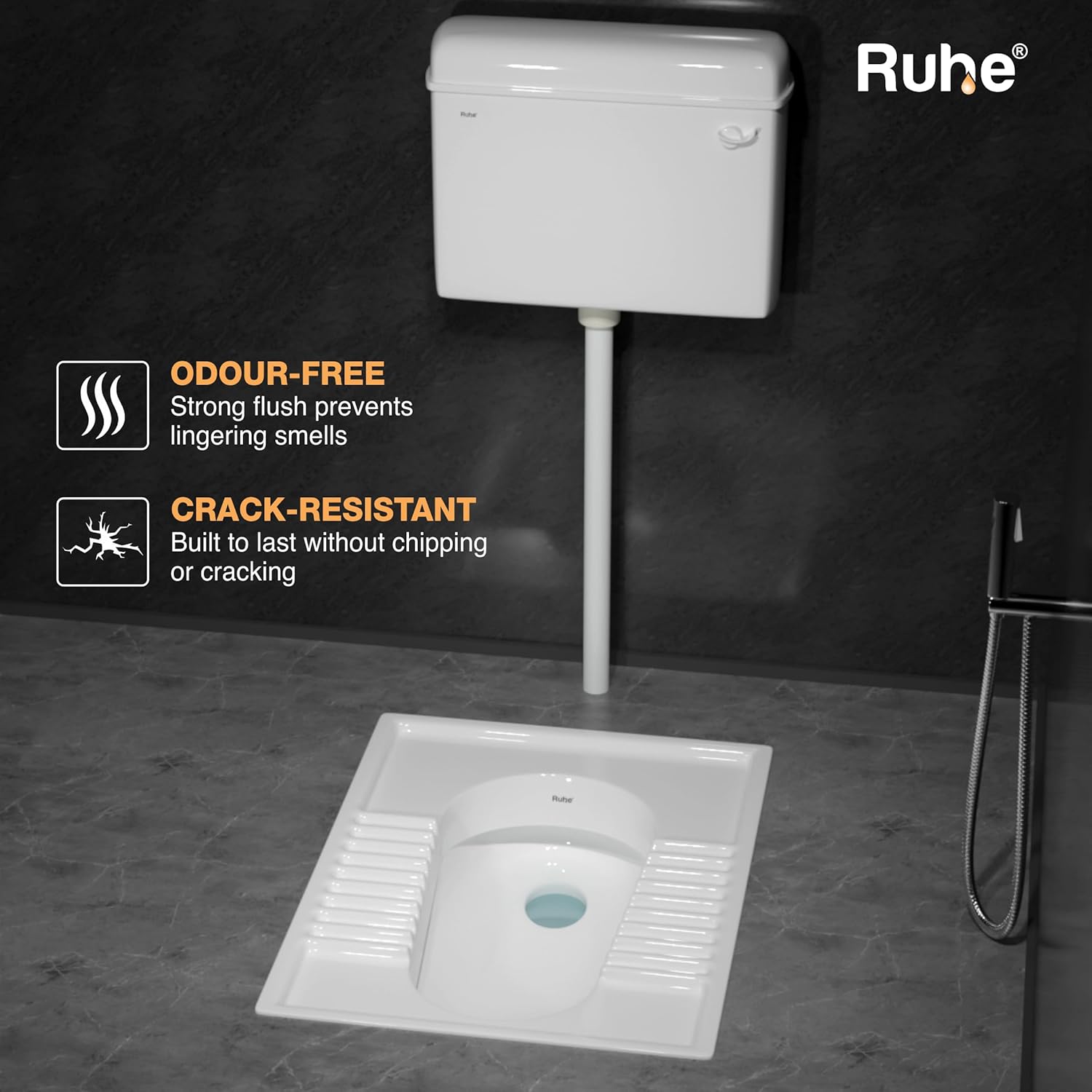 Ruhe® Orrisa Pan Indian Toilet | Premium Ceramic Squat Pan | Durable, Crack-Resistant Toilet Seat | Water-Efficient Flush, Slip-Resistant Footrest, Easy to Clean Eastern Toilet | 23 x 18 x 12 Inches - Image 8