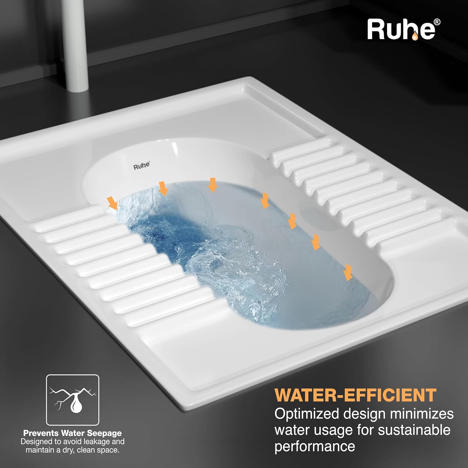 Ruhe® Orrisa Pan Indian Toilet | Premium Ceramic Squat Pan | Durable, Crack-Resistant Toilet Seat | Water-Efficient Flush, Slip-Resistant Footrest, Easy to Clean Eastern Toilet | 23 x 18 x 12 Inches - Image 6