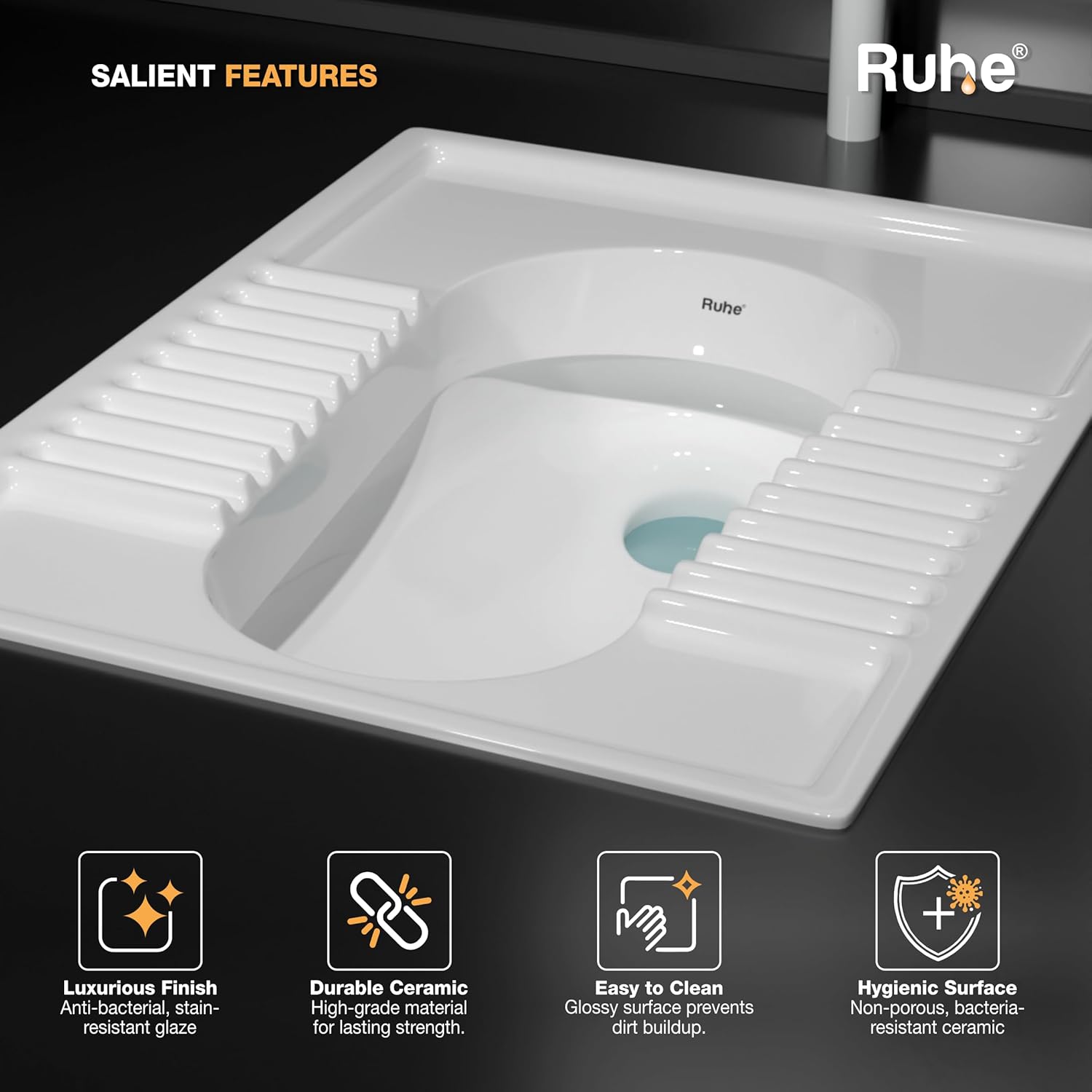 Ruhe® Orrisa Pan Indian Toilet | Premium Ceramic Squat Pan | Durable, Crack-Resistant Toilet Seat | Water-Efficient Flush, Slip-Resistant Footrest, Easy to Clean Eastern Toilet | 23 x 18 x 12 Inches - Image 4