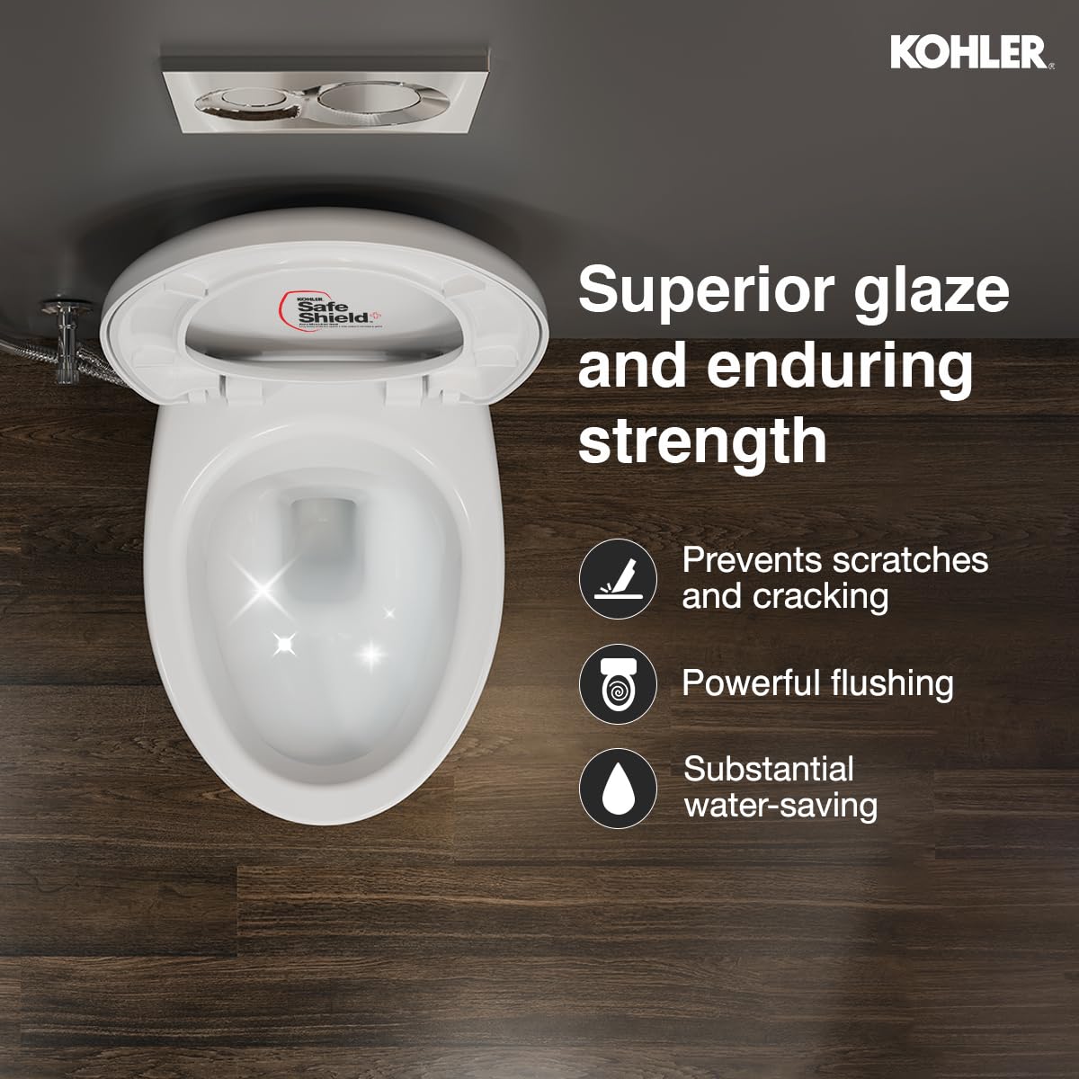 Kohler Patio Wall Mounted Toilet for Bathroom | Ceramic Western Bathroom Commode with Anti-Bacterial Protection | Eco-Flush Technology & Quiet-Close Lid | Fully Glazed, White, 535mm x 361mm - Image 3
