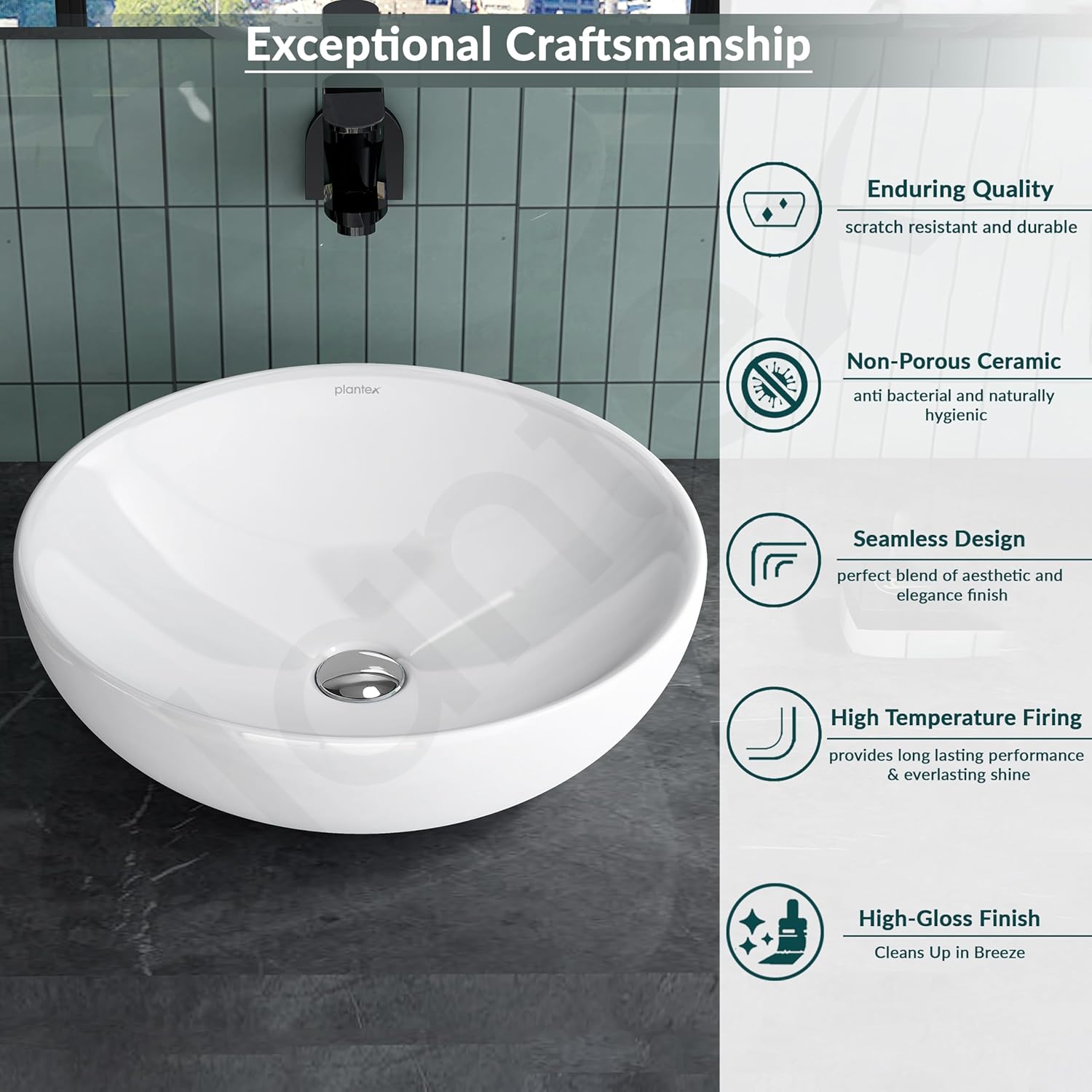 Plantex Platinum Ceramic Table Top Wash Basin/Basin for Bathroom/Bathroom Basin - White(15.5 x 15.5 x 5 Inch) - Image 4