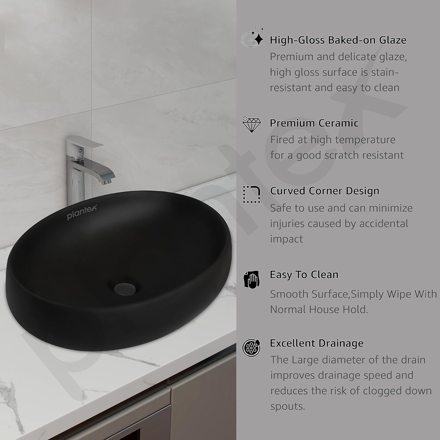 Plantex Ceramic Wash Basin for Bathroom/Table Top Ceramic Basin/Washbasin for Bathroom - (CRETA-NS-BLACK-MATT, 23 x 15 x 5.5 Inch) - Image 3