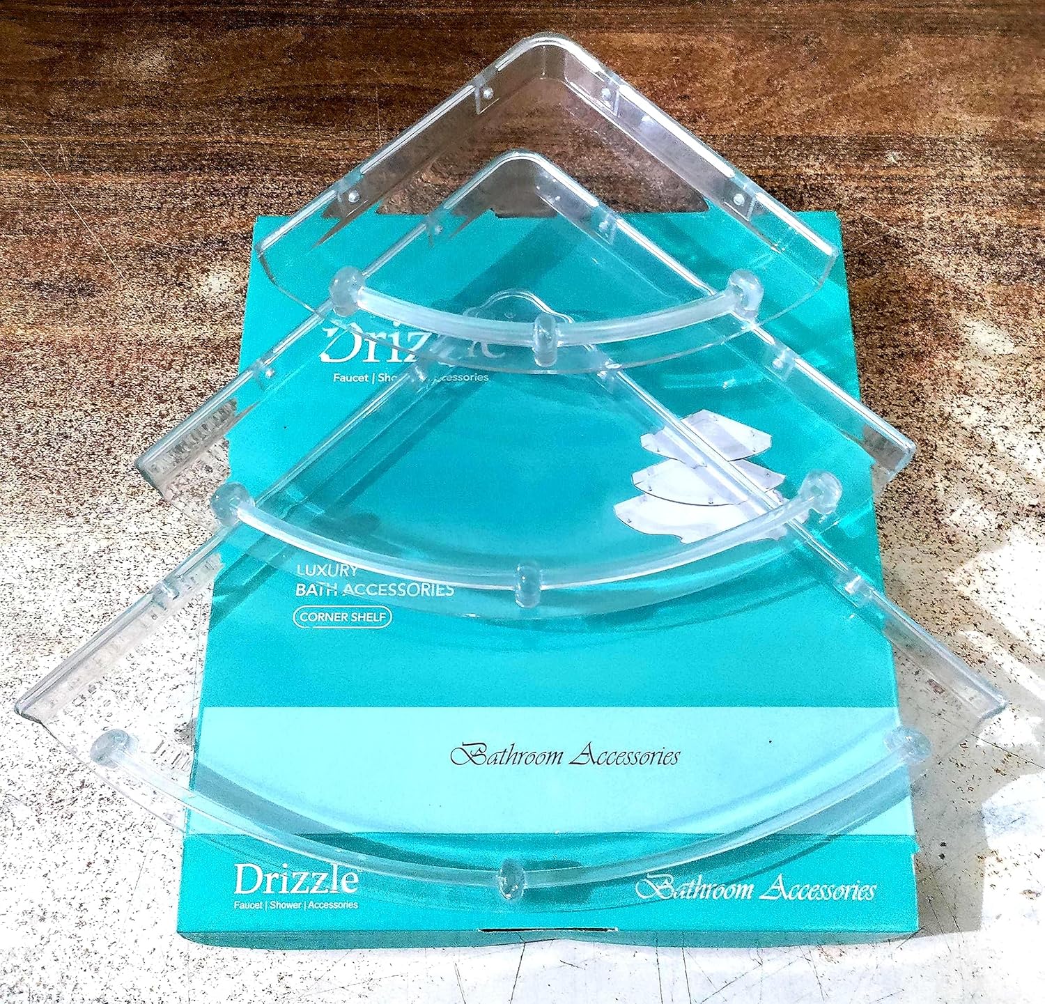 DRIZZLE Corner Shelf Super Clear | Unbreakable Transparent Bathroom Shelves | Multipurpose Use (Size 7 inch, 9 inch, 11 inch) - Set of 1 (3 Pieces) - Image 2
